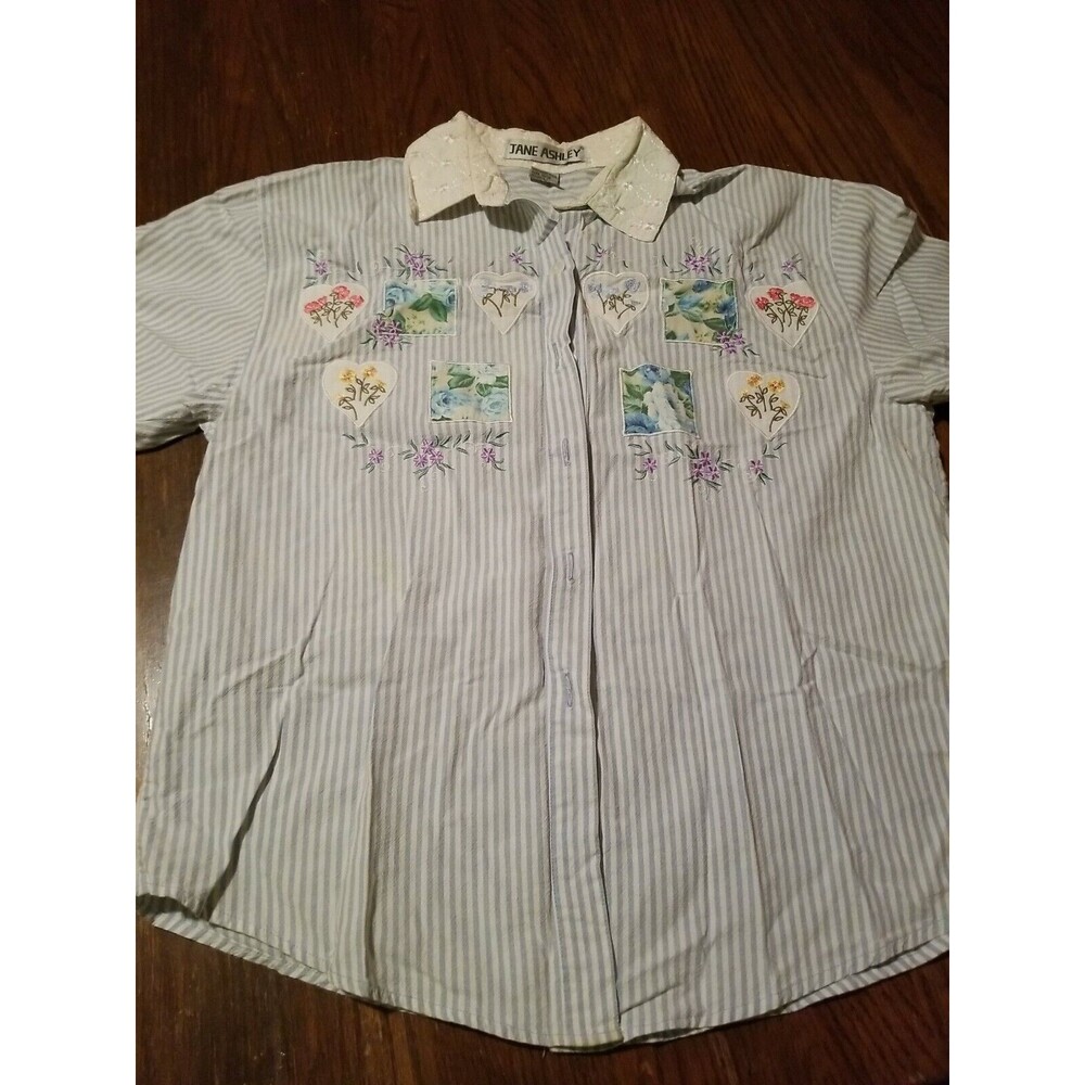 JANE ASHLEY Embellished Blouse, Medium. Blue Striped.100% Cotton. EUC